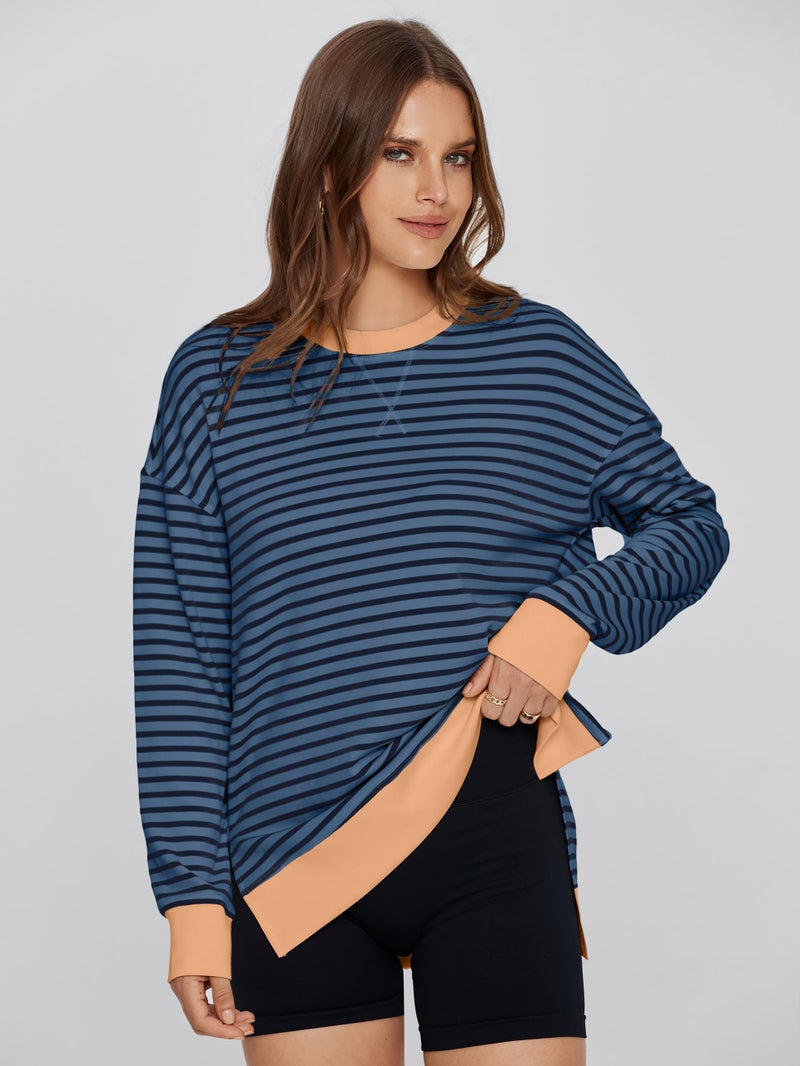 Glamaker Women's Striped Long Sleeve Crewneck Sweatshirt Air Essentials Soft Loose Pullover Sweatshirts Navy Orange L - Image 4