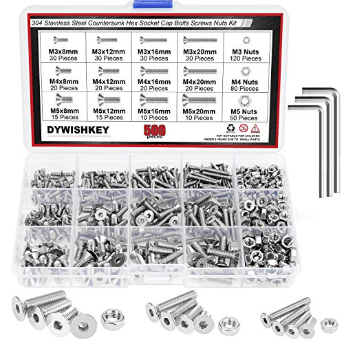 DYWISHKEY 500PCS Metric M3 M4 M5, 304 Stainless Steel Flat Head Countersunk Socket Cap Bolts Screws Nuts Assortment Kit with Hex Wrenches - Image 1