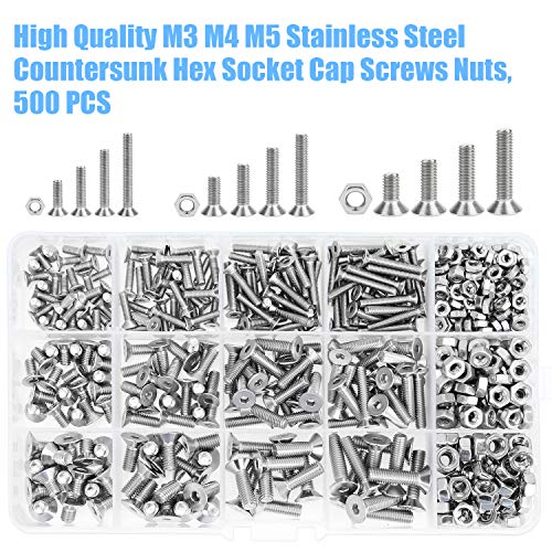 DYWISHKEY 500PCS Metric M3 M4 M5, 304 Stainless Steel Flat Head Countersunk Socket Cap Bolts Screws Nuts Assortment Kit with Hex Wrenches - Image 5