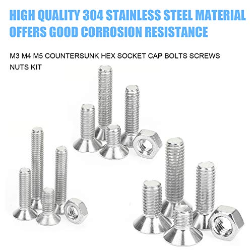 DYWISHKEY 500PCS Metric M3 M4 M5, 304 Stainless Steel Flat Head Countersunk Socket Cap Bolts Screws Nuts Assortment Kit with Hex Wrenches - Image 2