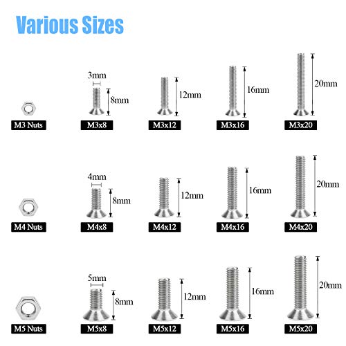 DYWISHKEY 500PCS Metric M3 M4 M5, 304 Stainless Steel Flat Head Countersunk Socket Cap Bolts Screws Nuts Assortment Kit with Hex Wrenches - Image 3