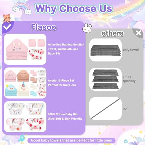 Flasoo 16 Pcs Baby Towels Set Baby Towels and Washcloths Set4 Pcs Animal Hooded Baby Towels 4 Pcs Baby Bibs 8 Pcs Washcloths Set for Infants Toddlers and KidsUnicorns Rabbits Kittens Chicks - Image 3