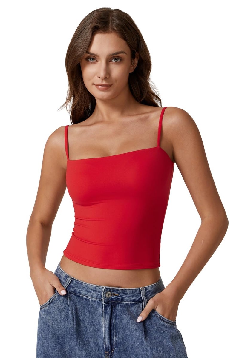 QINSEN Camisole Tops for Women Sleeveless Crop Top Adjustable Spaghetti Strap Basic Undershirt Red M - Image 2