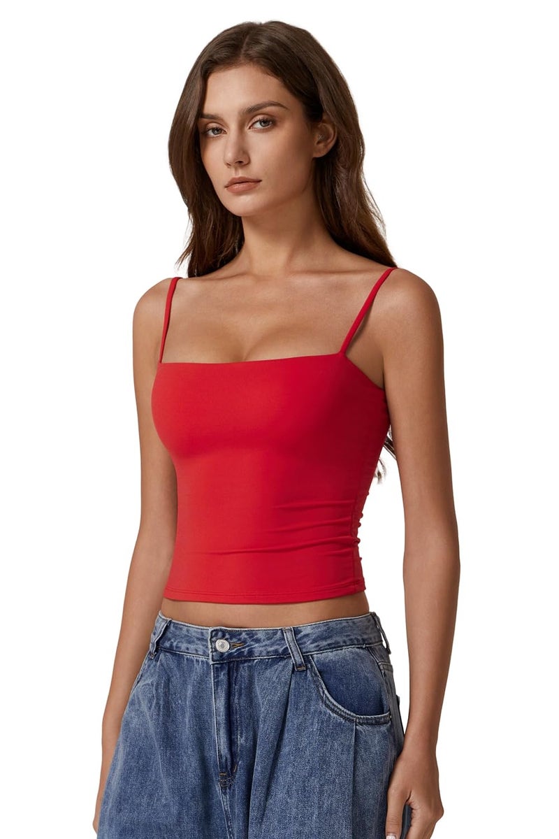 QINSEN Camisole Tops for Women Sleeveless Crop Top Adjustable Spaghetti Strap Basic Undershirt Red M - Image 3