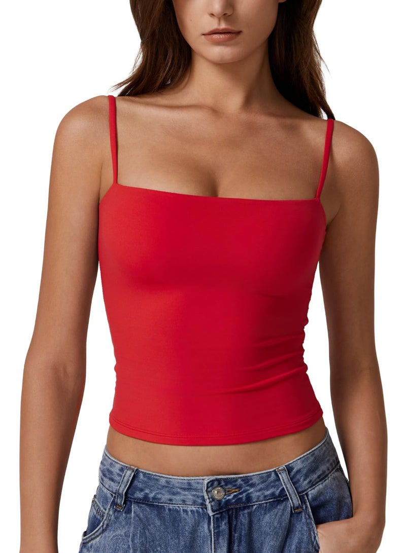 QINSEN Camisole Tops for Women Sleeveless Crop Top Adjustable Spaghetti Strap Basic Undershirt Red M - Image 1