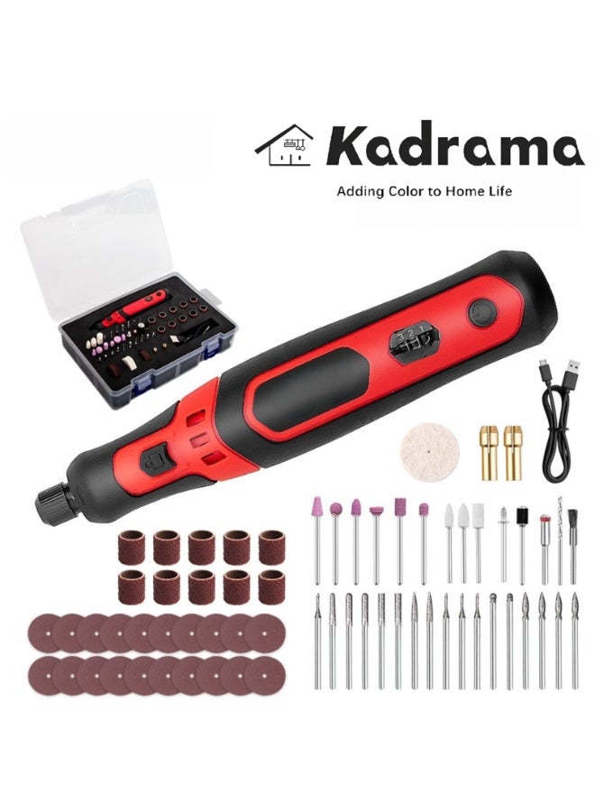 KADRAMA Cordless Mini Grinder, Multi-functional Mini Electric Grinder Set, 3 Speed Adjustable Electric Grinder Pen Rotary Tool Kit with 63 Accessories, USB Rechargeable Engraving Sharpening Grinding for DIY Hand Craft (Black + Red) - Image 1