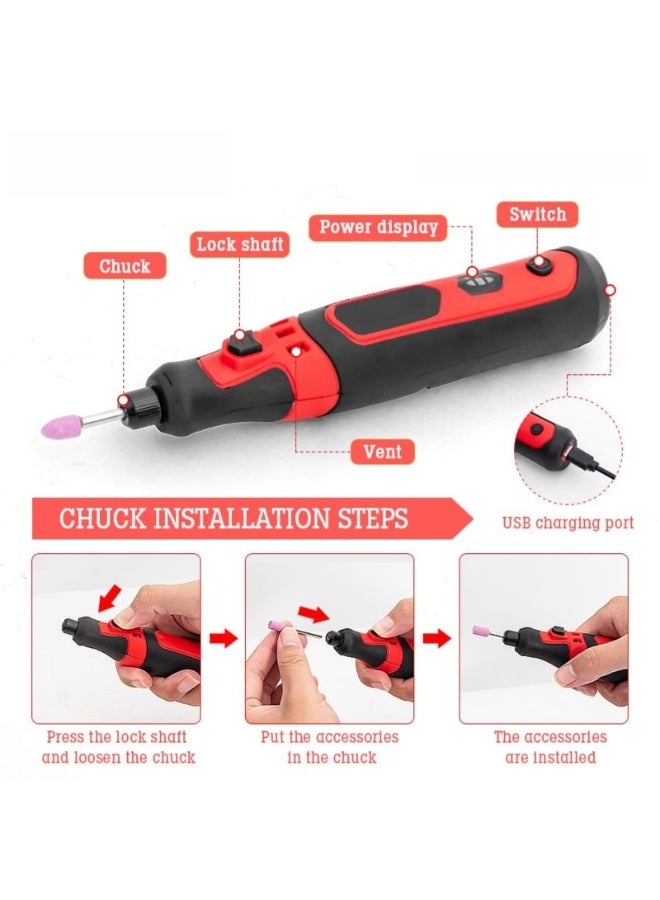 KADRAMA Cordless Mini Grinder, Multi-functional Mini Electric Grinder Set, 3 Speed Adjustable Electric Grinder Pen Rotary Tool Kit with 63 Accessories, USB Rechargeable Engraving Sharpening Grinding for DIY Hand Craft (Black + Red) - Image 3