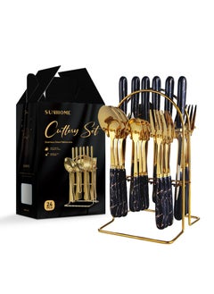 Sunhome 24-Piece Stainless Steel Cutlery Set With Stand Gold/Black  - Image 1