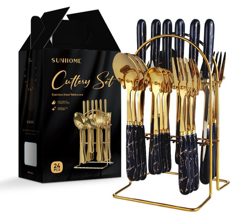 SUNHOME 24-Piece Stainless Steel Cutlery Set Kitchen Utensil Set Western Tableware Suitable For Home Kitchen Restaurant Hotel Party Dining Picnic Dining Exquisite Packaging Gift Gold/Black - Image 1