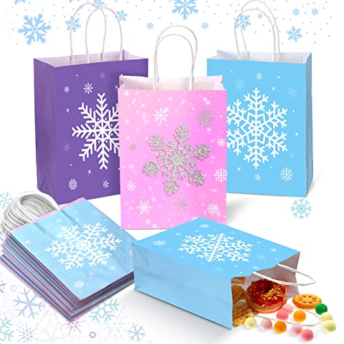 Cindeer 21 Pieces Snowflake Party Favors Bags Kraft Paper Candy Treat Goodie Gift Bags with Handles for Winter Wonderland Snowflake Theme Christmas Holiday Birthday Party Supplies - Image 1