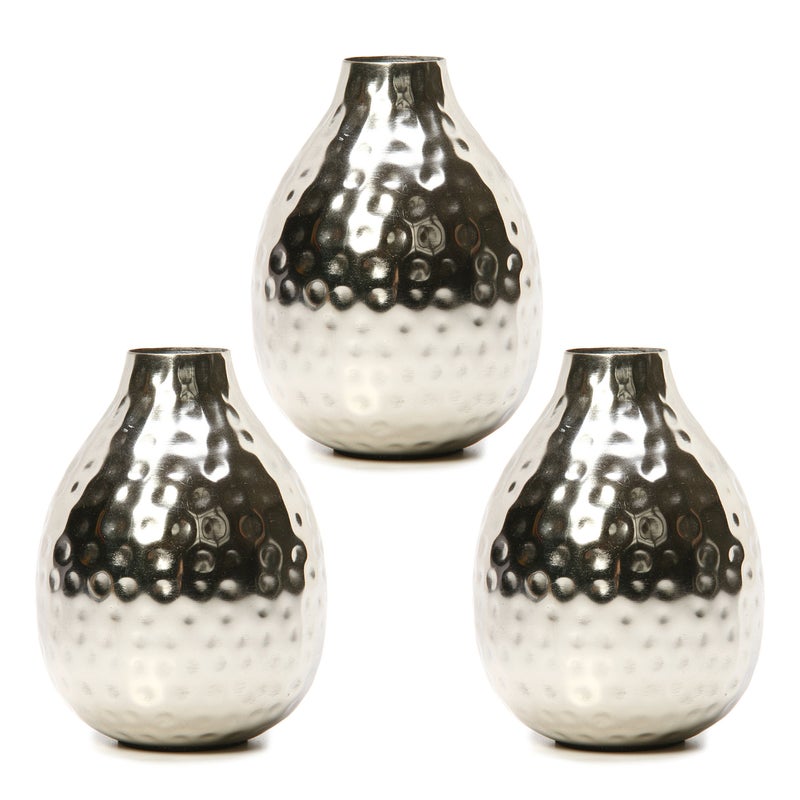 Hosley Set of 3 Metal Bud Vases - Your Choice of Colors. 4.5 Inch High. Ideal Accent Piece for Coffee and Side Tables as Well as Dried Floral Arrangements (1-Silver Finish) - Image 1