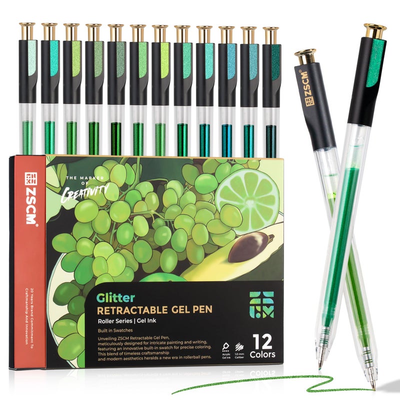 ZSCM Retractable Glitter Gel Pens, 12 Colors Large Capacity Green Glitter Metallic Gel Ink Pen, 1 mm Fine Point Smooth Writing Color Pens for Adult Coloring Book Note Taking Aesthetic Art Supplies - Image 1