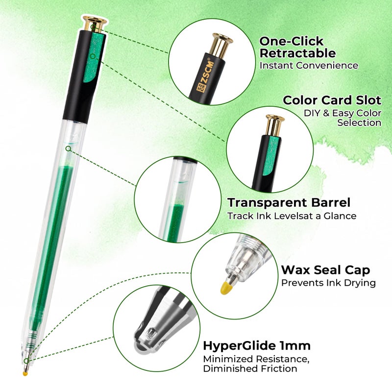 ZSCM Retractable Glitter Gel Pens, 12 Colors Large Capacity Green Glitter Metallic Gel Ink Pen, 1 mm Fine Point Smooth Writing Color Pens for Adult Coloring Book Note Taking Aesthetic Art Supplies - Image 2