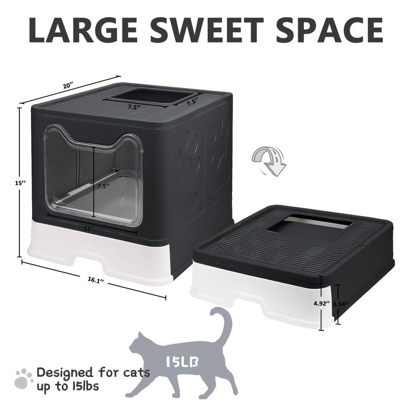 fophop Foldable Cat Litter Box with Lid, Enclosed Potty, Large Top Entry Anti-Splashing Toilet, Easy to Clean Including Litter Scoop and 2-in-1 Cleaning Brush (Black) - Image 2