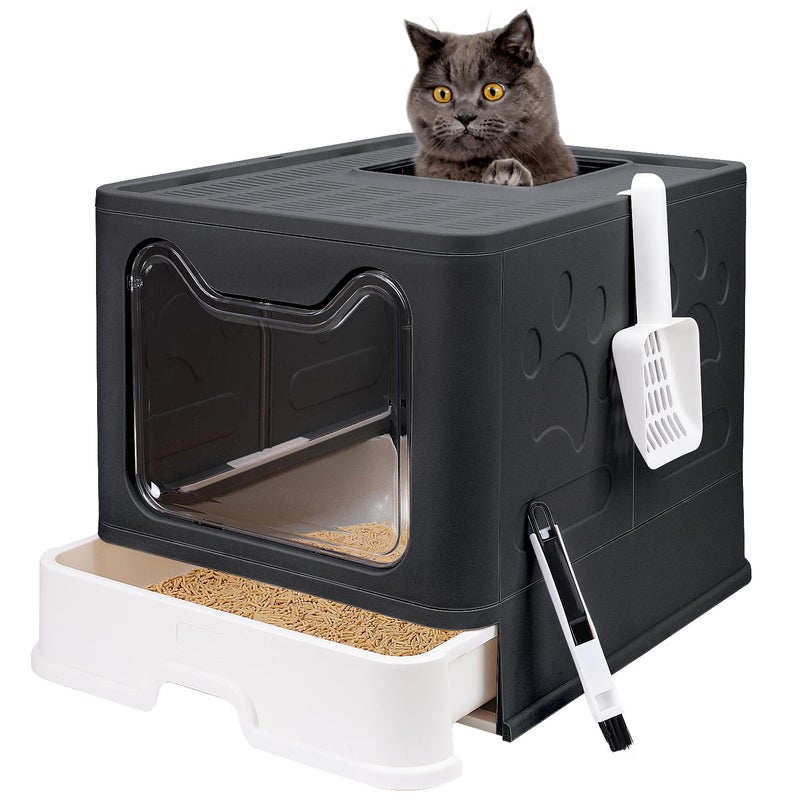 fophop Foldable Cat Litter Box with Lid, Enclosed Potty, Large Top Entry Anti-Splashing Toilet, Easy to Clean Including Litter Scoop and 2-in-1 Cleaning Brush (Black) - Image 1