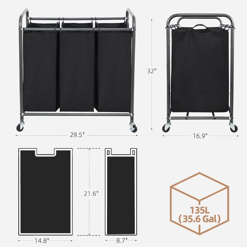 STORAGE MANIAC 3 Section Laundry Sorter, 3 Bag Laundry Hamper Cart with Heavy Duty Rolling Lockable Wheels, Removable Bags, Black - Image 3