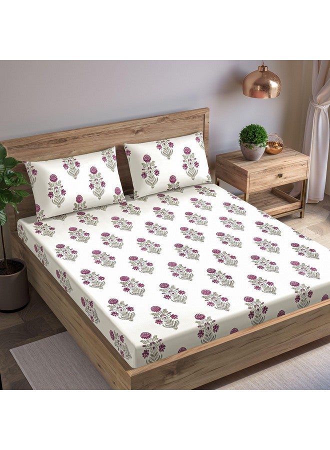 Trance Home Linen 180TC 100% Cotton 84"x72" Elastic Fitted Bedsheet Cal.King Bed Size | Printed Fitted Sheet | Elasticated Fitted Bedspread with 2 Pillow Covers (84x72 inch, Aangan Pink)