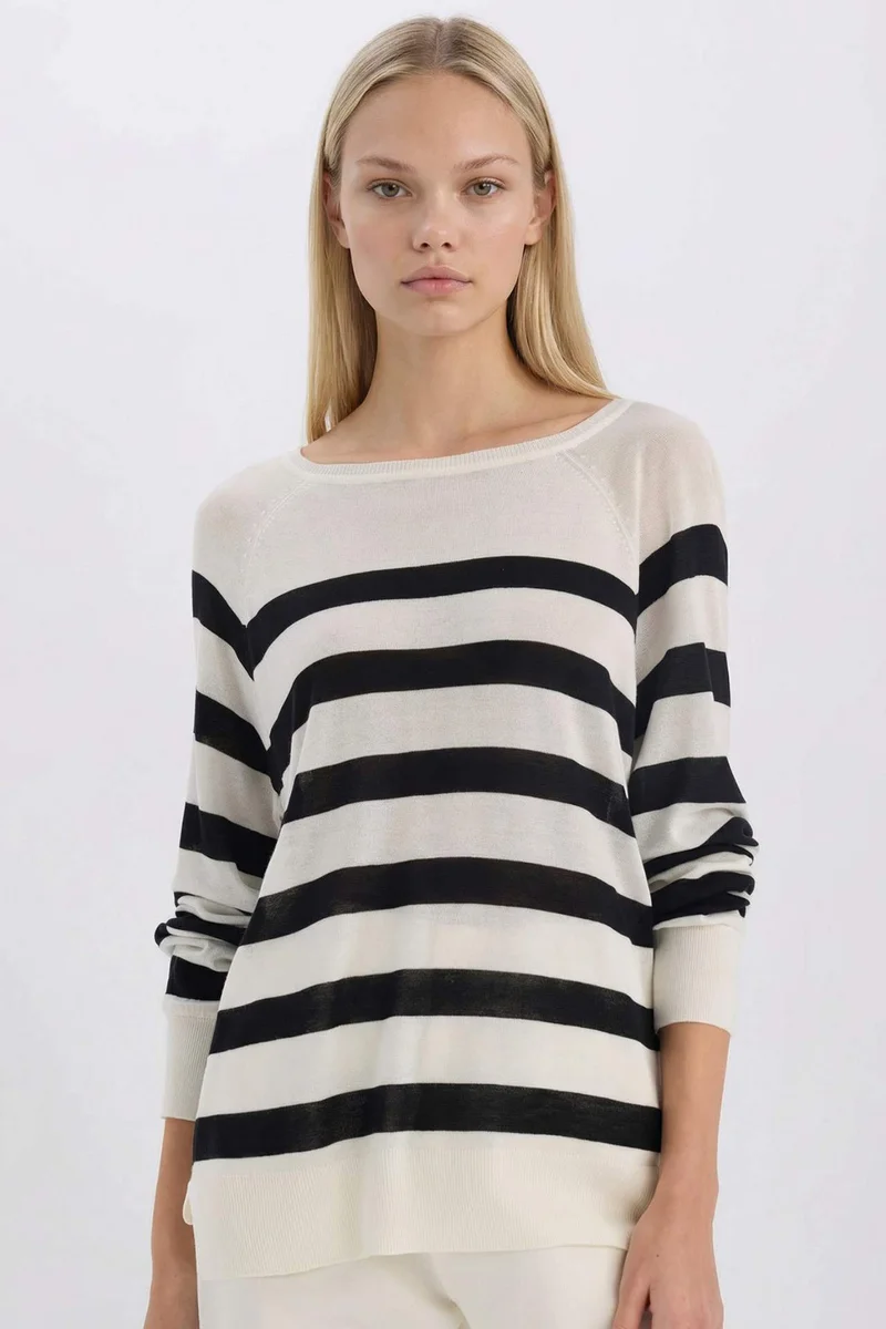 ديفاكتو Regular Fit Boat Neck Striped Knitwear Pullover