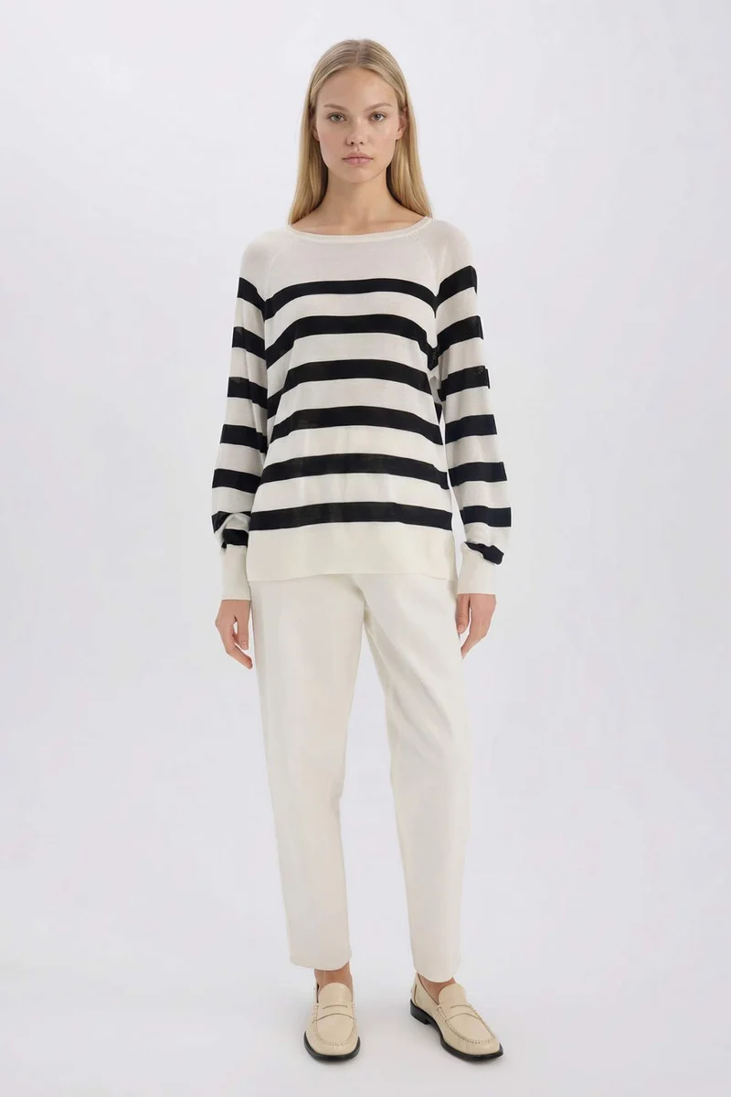 ديفاكتو Regular Fit Boat Neck Striped Knitwear Pullover