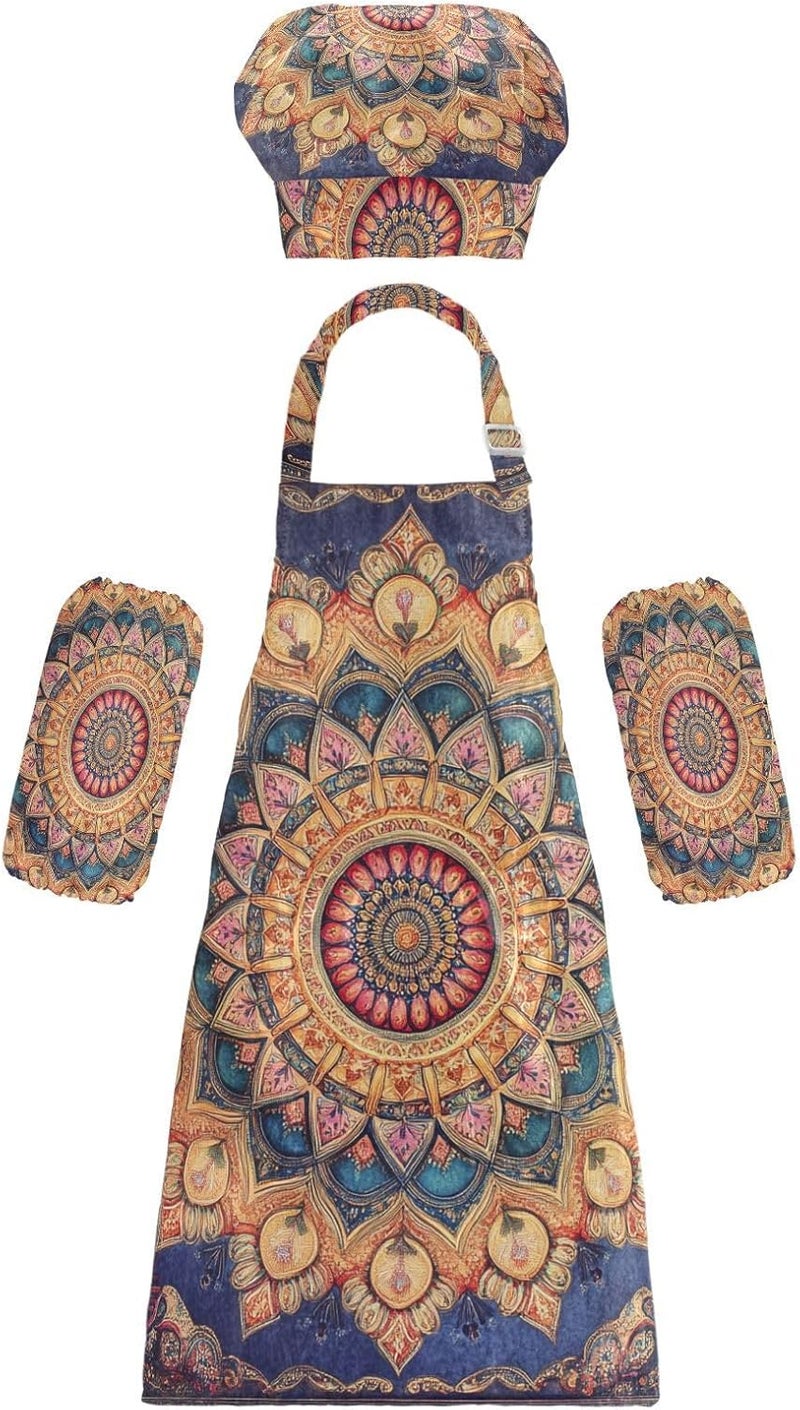 Kid Chef Costume Multi-use Bohemian Vintage Mandala Cooking Kitchen Children Aprons with Pockets for Children 3-12 Years - Image 1