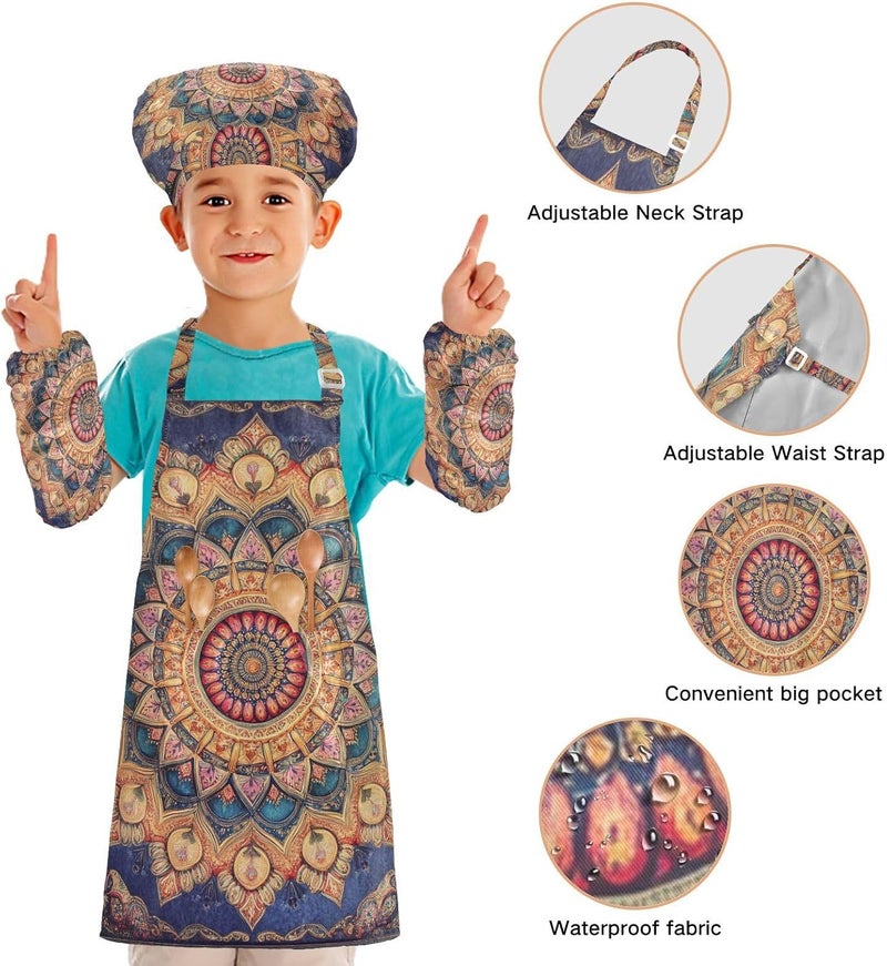 Kid Chef Costume Multi-use Bohemian Vintage Mandala Cooking Kitchen Children Aprons with Pockets for Children 3-12 Years - Image 4