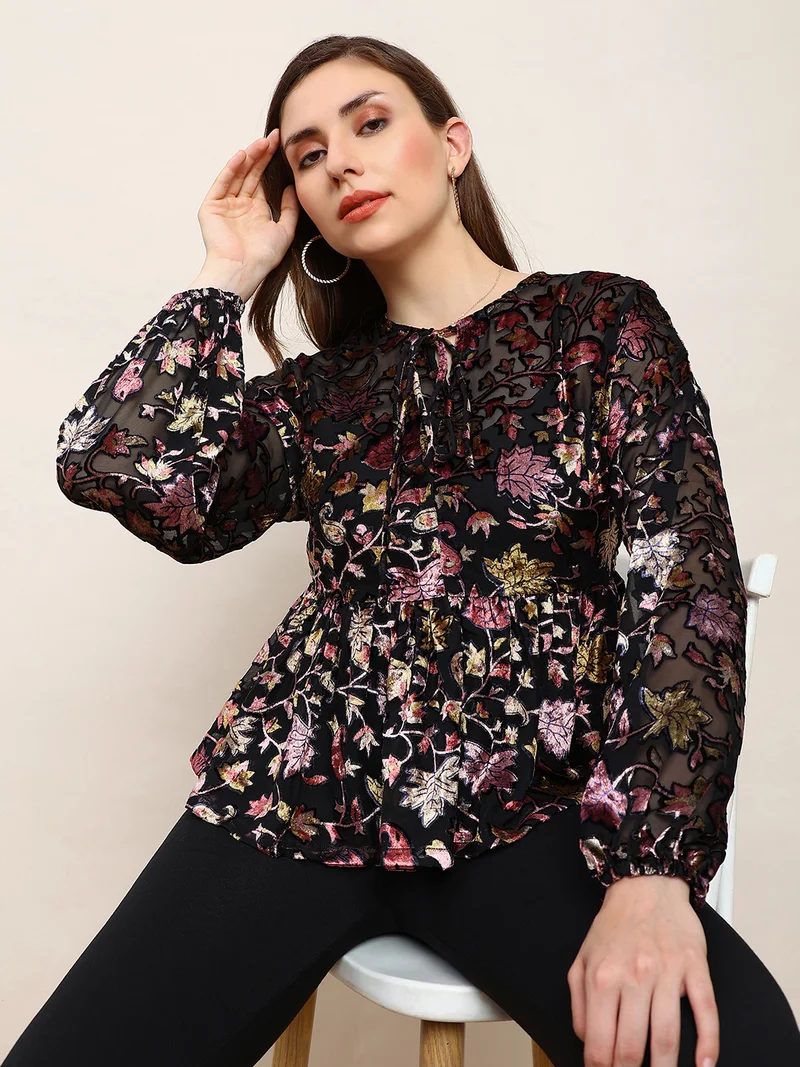 globus Globus Women Black Floral Self Design Tie-Up Neck Bishop Sleeves Peplum Party Top