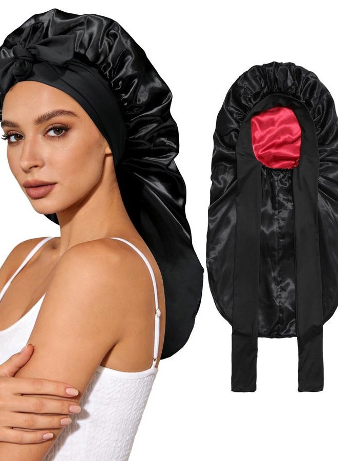 AWAYTR Long Satin Bonnet for Sleeping - Double Layer Reversible Silk Bonnet for Long Hair Women Sleeping Cap with Tie Band - Image 1