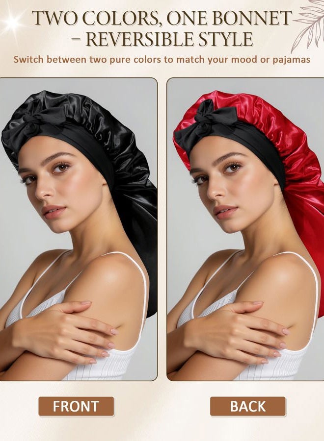 AWAYTR Long Satin Bonnet for Sleeping - Double Layer Reversible Silk Bonnet for Long Hair Women Sleeping Cap with Tie Band - Image 4