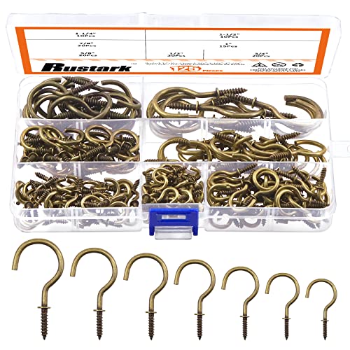 Rustark 125Pcs Bronze Screwin Cup Hooks Kit 7 Sizes Ceiling Small Hooks for Hanging Outdoor or Indoor Use 12 58 34 78 1 114 112Bronze - Image 1