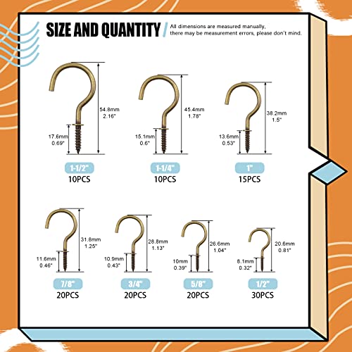 Rustark 125Pcs Bronze Screwin Cup Hooks Kit 7 Sizes Ceiling Small Hooks for Hanging Outdoor or Indoor Use 12 58 34 78 1 114 112Bronze - Image 3