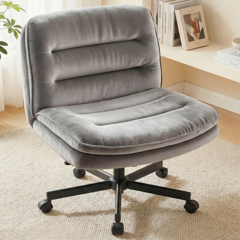 COMHOMA Criss Cross Office Chair with Wheels Armless Desk Chair Comfy, Modern Vanity Chair for Home Bedroom, Comfortable Wide Seat for Lower Back Pain Relief, Soft Velvet, Gray - Image 1