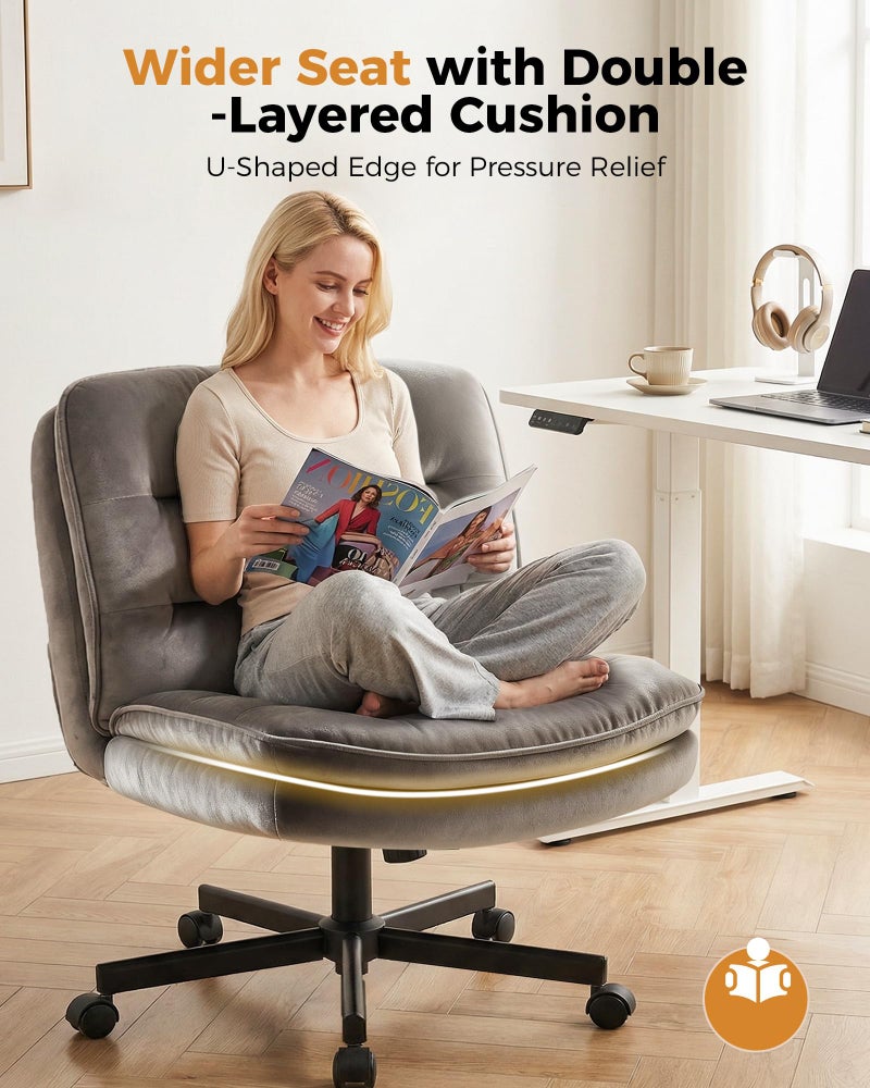 COMHOMA Criss Cross Office Chair with Wheels Armless Desk Chair Comfy, Modern Vanity Chair for Home Bedroom, Comfortable Wide Seat for Lower Back Pain Relief, Soft Velvet, Gray - Image 2