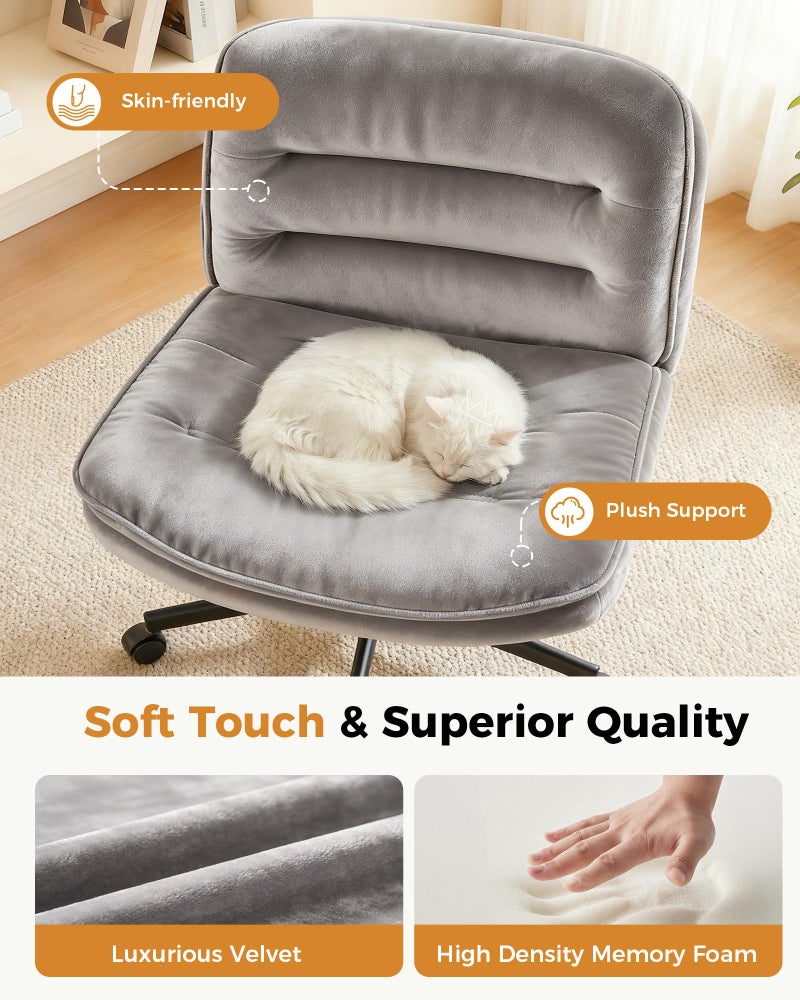 COMHOMA Criss Cross Office Chair with Wheels Armless Desk Chair Comfy, Modern Vanity Chair for Home Bedroom, Comfortable Wide Seat for Lower Back Pain Relief, Soft Velvet, Gray - Image 3