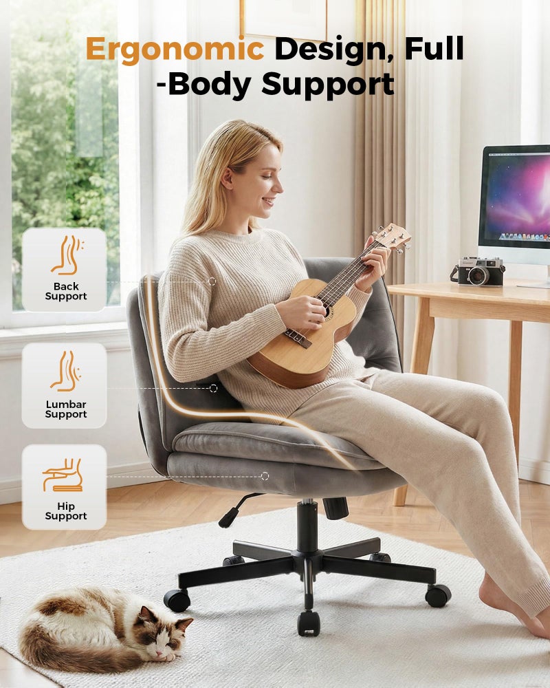 COMHOMA Criss Cross Office Chair with Wheels Armless Desk Chair Comfy, Modern Vanity Chair for Home Bedroom, Comfortable Wide Seat for Lower Back Pain Relief, Soft Velvet, Gray - Image 4