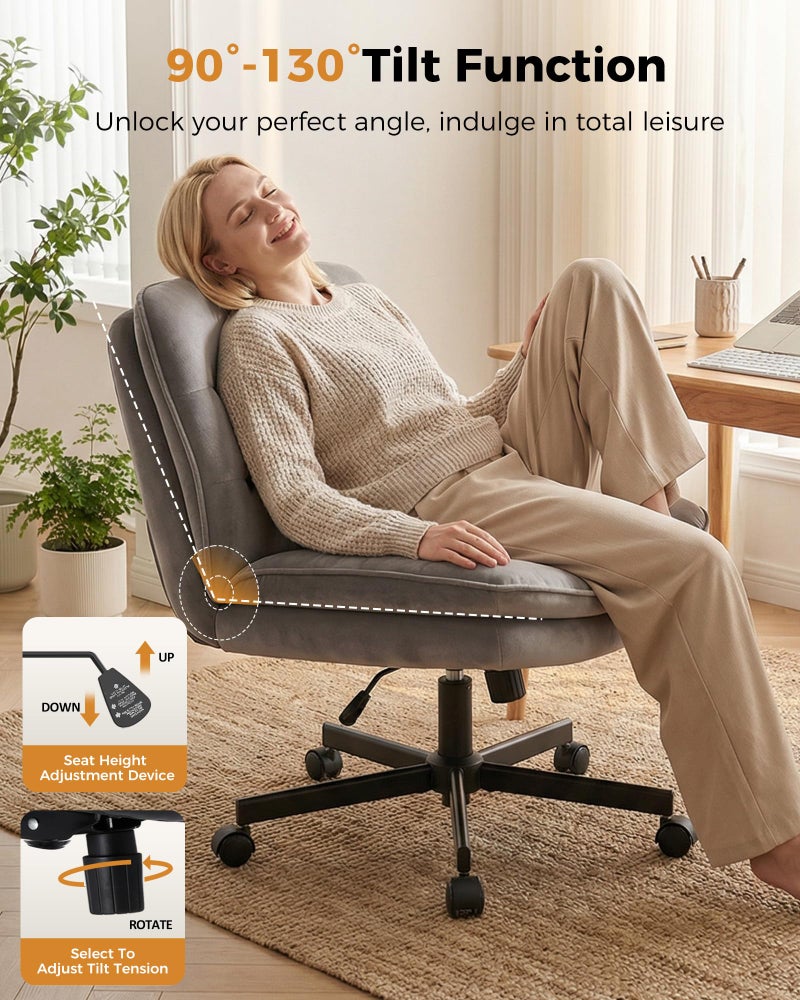 COMHOMA Criss Cross Office Chair with Wheels Armless Desk Chair Comfy, Modern Vanity Chair for Home Bedroom, Comfortable Wide Seat for Lower Back Pain Relief, Soft Velvet, Gray - Image 5
