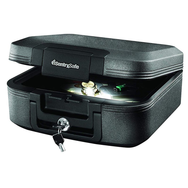 SentrySafe Fireproof and Waterproof Chest Box with Key Lock Black Travel Safe with Interior Lighting and Carrying Handle 028 Cubic Feet 66 x 154 x 143 Inches CHW20205