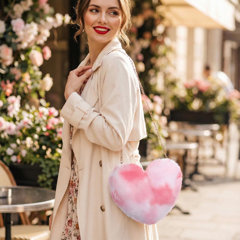 Miayon Heart Shaped Faux Fur Clutch Purse Fluffy Crossbody Shoulder Bag for Women Halloween Christmas Valentine Pink White - Image 3