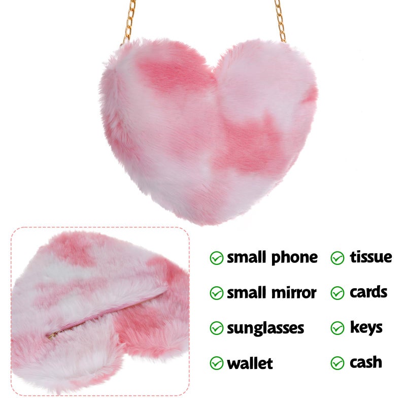 Miayon Heart Shaped Faux Fur Clutch Purse Fluffy Crossbody Shoulder Bag for Women Halloween Christmas Valentine Pink White - Image 5
