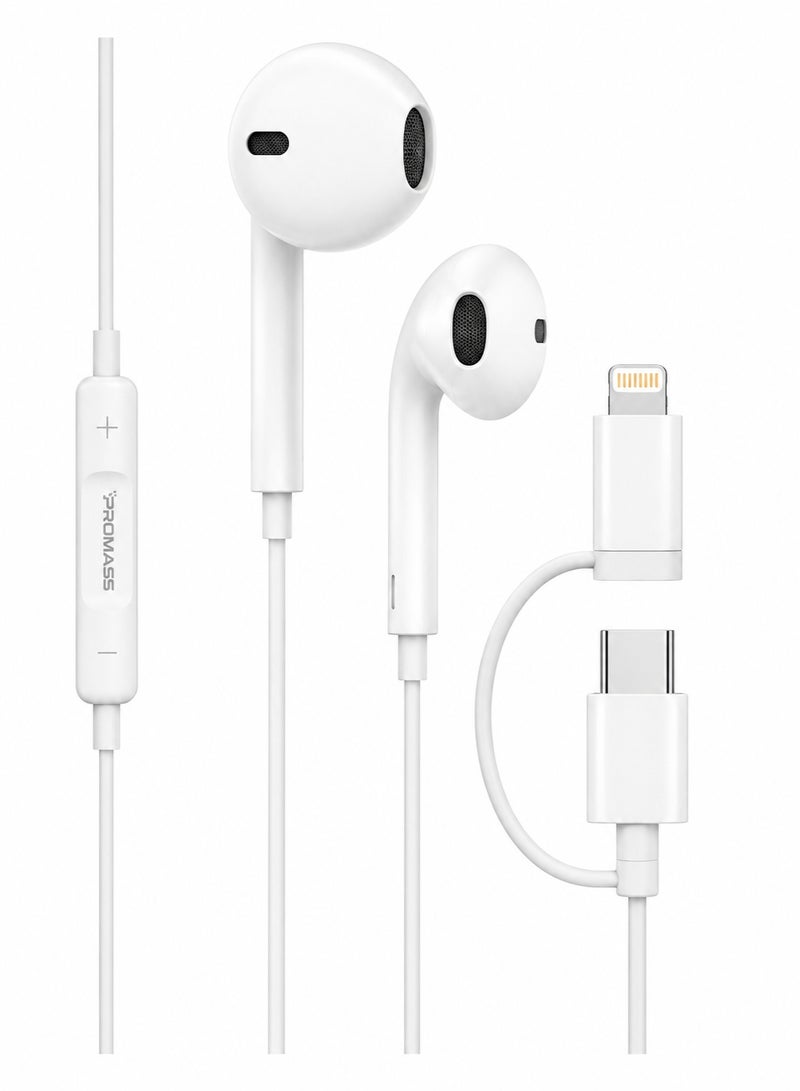PROMASS PM-21132, Wired Earphones (LumeTwin Series): Features a 2-in-1 dual adapter supporting both Lightning and Type-C ports for compatibility with various iPhone, Android, and other smartphones. These are direct-connection wired earphones (no Bluetooth required) equipped with a built-in microphone and call controls. Compatible with iPhone 17, 16, 15, 14, 13, 12, 11, X, XS, XS Max, XR, 7, and 8; Galaxy S20, S21, S22, S23, S24, S25, and S26; and all devices running iOS or Android. - Image 1