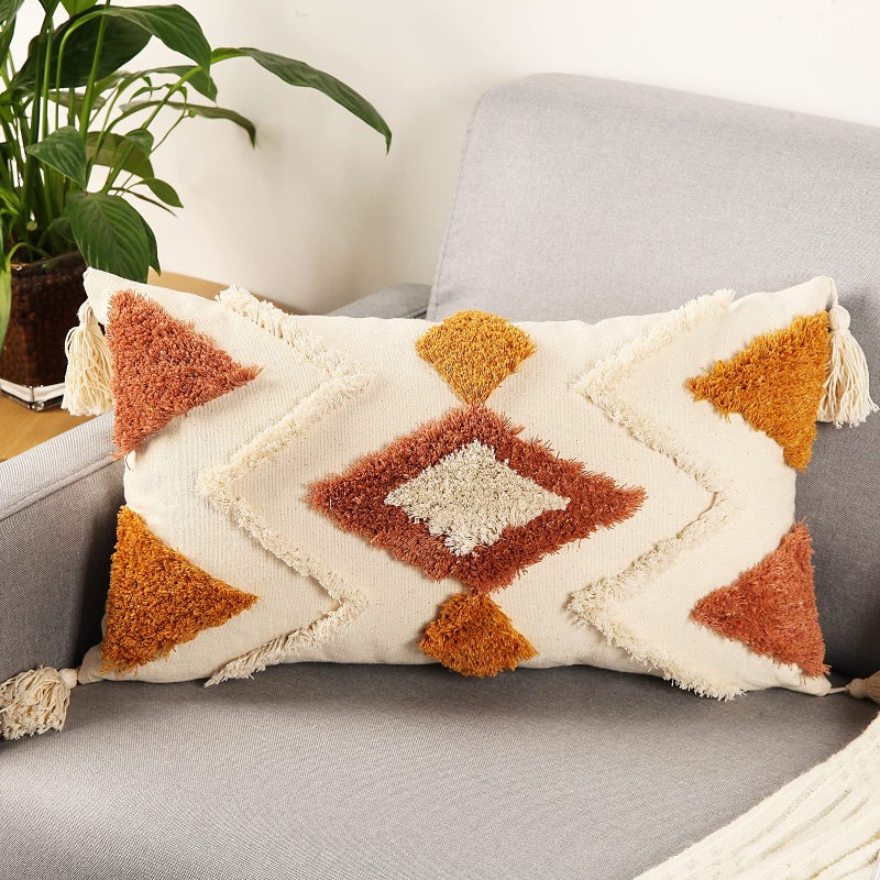 Merrycolor Boho Lumbar Throw Pillow Cover 12x20 inch,Bohemian Tufted Decorative Pillow Covers with Tassels for Couch Sofa Bedroom Living Room - Image 1