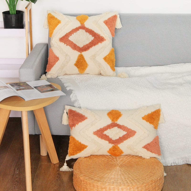 Merrycolor Boho Lumbar Throw Pillow Cover 12x20 inch,Bohemian Tufted Decorative Pillow Covers with Tassels for Couch Sofa Bedroom Living Room - Image 5