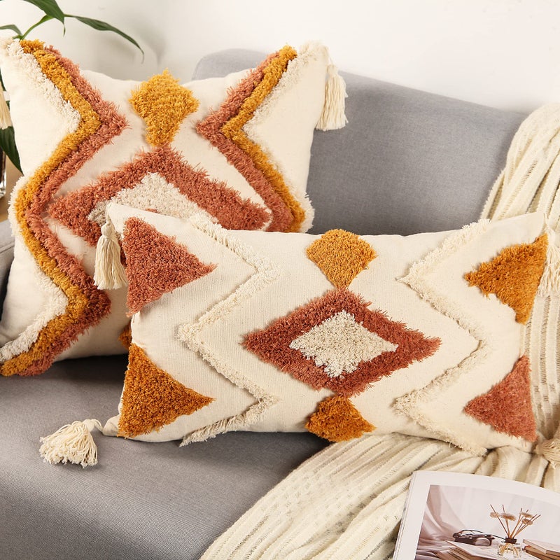 Merrycolor Boho Lumbar Throw Pillow Cover 12x20 inch,Bohemian Tufted Decorative Pillow Covers with Tassels for Couch Sofa Bedroom Living Room - Image 4