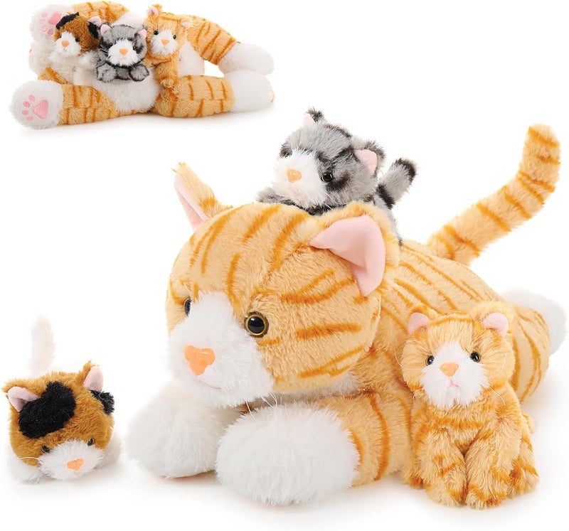 MorisMos Plush Cat 40 cm Mom with 3 Kawaii Kittens Realistic Yellow Cat Plush Toy Gift for Children Girlfriend Valentine's Day Birthday Christmas Decoration - Image 1