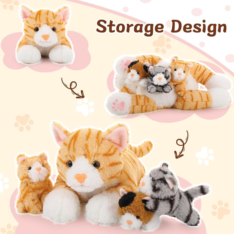 MorisMos Plush Cat 40 cm Mom with 3 Kawaii Kittens Realistic Yellow Cat Plush Toy Gift for Children Girlfriend Valentine's Day Birthday Christmas Decoration - Image 3
