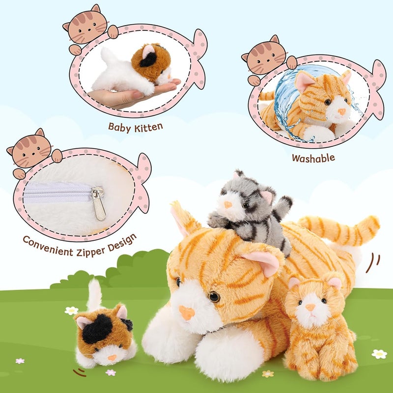 MorisMos Plush Cat 40 cm Mom with 3 Kawaii Kittens Realistic Yellow Cat Plush Toy Gift for Children Girlfriend Valentine's Day Birthday Christmas Decoration - Image 4