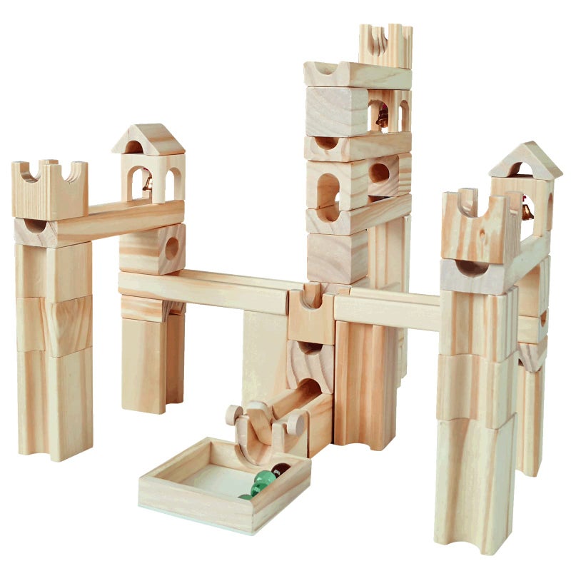 Onshine Wooden Marble Run for Kids Ages 4-8  65 Pieces Wood Building Blocks Toys and Construction Play Set  Marble Track Maze Game STEM Learning Toys for Boys Girls (Natural Color Blocks) - Image 1