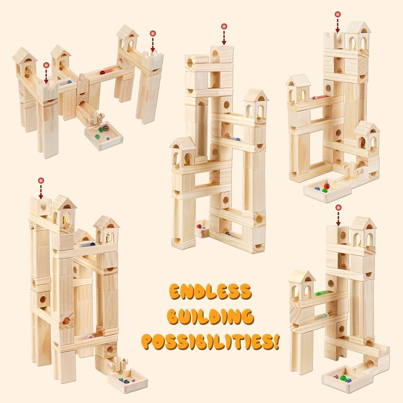 Onshine Wooden Marble Run for Kids Ages 4-8  65 Pieces Wood Building Blocks Toys and Construction Play Set  Marble Track Maze Game STEM Learning Toys for Boys Girls (Natural Color Blocks) - Image 4