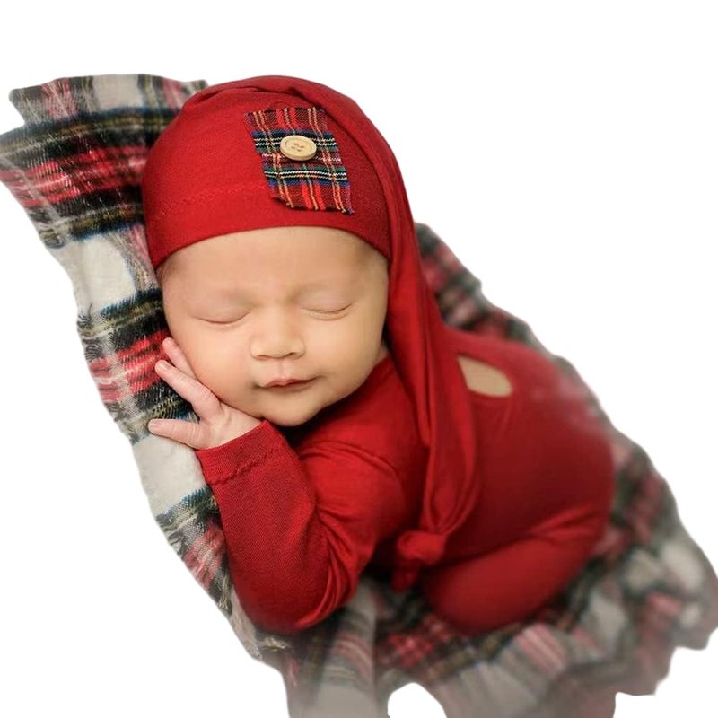 Vedory Christmas Newborn Baby Photo Shoot Props Outfits Crochet Clothes Santa Claus Red Hat Pants Photography Props dark red - Image 2