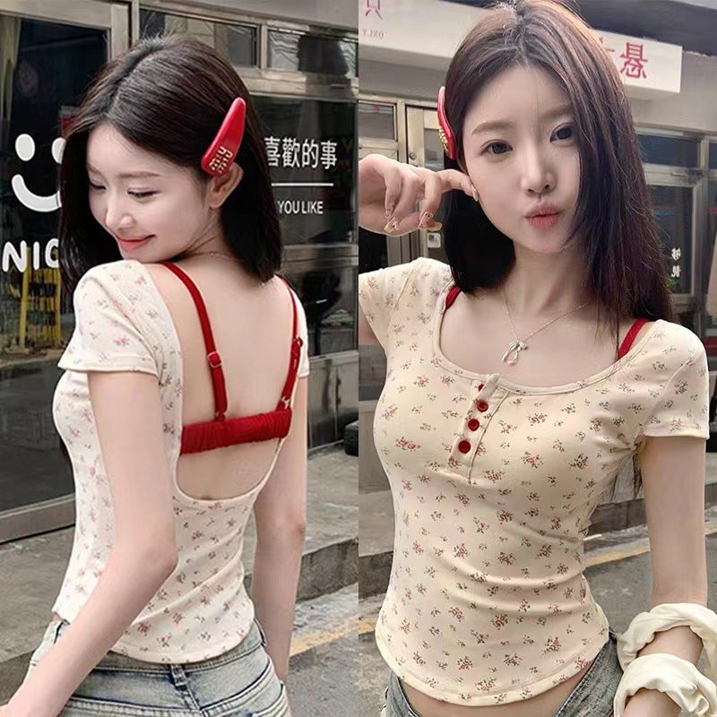 Fake Two-Piece Floral Short-Sleeved T-Shirt For Women With Breast Pads, Slimming Look, Pure Desire Backless Short Top For Women - Image 2