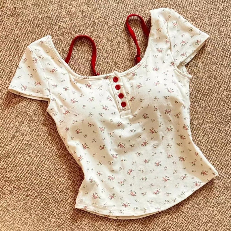 Fake Two-Piece Floral Short-Sleeved T-Shirt For Women With Breast Pads, Slimming Look, Pure Desire Backless Short Top For Women - Image 1